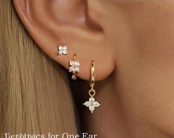 Gold Flower Earrings Set, Dainty Studs Hoops, Minimalist Floral Jewelry, Stackable Earring Set