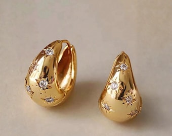 Gold Chunky Hoop Earrings with Star Crystal Accents, Minimal Trendy Huggie Hoops