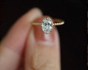 Dainty Gold Oval Stone Ring, Minimalist Stackable Band, Romantic Jewelry