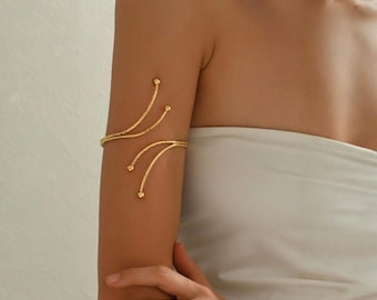 Gold Arm Cuff Bracelet, Boho Upper Arm Jewelry, Adjustable Statement Armlet