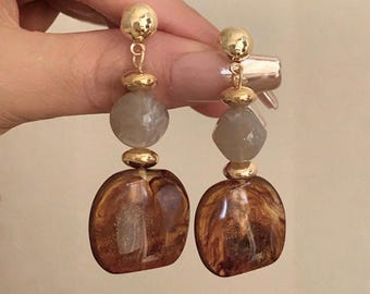Brown Marbled Stone Drop Earrings, Gold Accents, Elegant Statement Jewelry