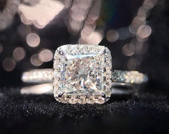 Princess Cut Halo Engagement Ring, Sparkling Square Bridal Band, Elegant Promise Wedding Ring