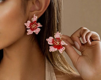 Bold Red Floral Statement Earrings, Trendy Summer Jewelry, Artistic Design