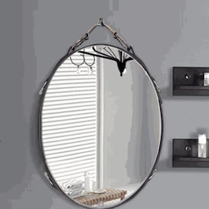 Leather Equestrian Mirror with Snaffle Bit: Vertical Oval Horse Decor