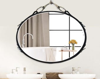 36x24 (H) Oval Leather Horse Mirror with Snaffle Bit Horizontal
