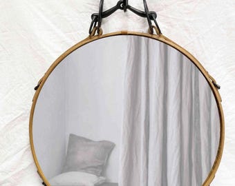 22" Black and Tan Leather Round Mirror with Antique Horse Bit Circa 1800s