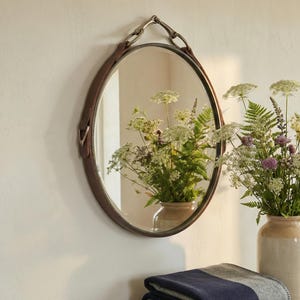 16" Equestrian Leather Mirror with Snaffle Bit, Black, Brown or Mahogany Leather