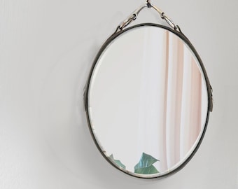 16"x12" Equestrian Leather Mirror with Snaffle Bit, Oval Black, Brown or Mahogany Leather