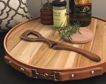 Leather Serving Tray with Lazy Susan Base, Equestrian Snaffle Bit in Tan Leather Horse Gift  Home