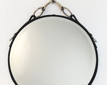 16" Equestrian Leather Mirror with Snaffle Bit, Black, Brown or Mahogany Leather