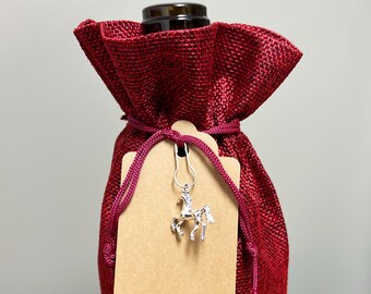 Coarse-Linen Wine Gift Bags with Horse Charm, Set of 3, Black or Red