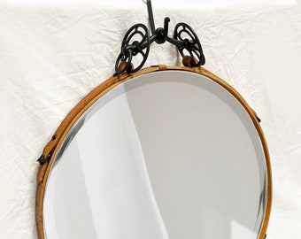 Black and Tan Leather Circle Mirror 24" with Antique Iron Bit - Horse harness, horse decor mirror