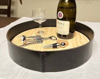 Deep Leather Serving Tray with hand stitching