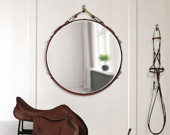 20" Equestrian Leather Mirror with Snaffle Bit, Black, Brown or Mahogany Buffalo Leather Horse Themed Bedroom