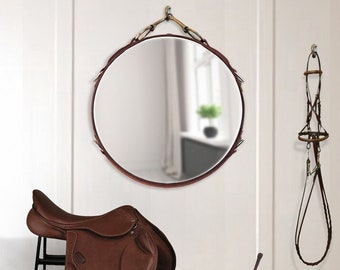 18" Equestrian Leather Mirror with Snaffle Bit, Free Shipping Black, Brown or Mahogany Buffalo Leather Horse Gift horse decor Décor