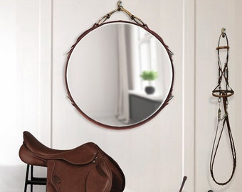 24" Equestrian Leather Mirror with Snaffle Bit, available in Black, Brown or Mahogany Buffalo Leather  Horse Gift horse decor Décor