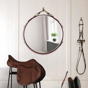 20" Equestrian Leather Mirror with Snaffle Bit, Black, Brown or Mahogany Buffalo Leather Horse Themed Bedroom