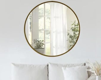 28" Leather Circle Mirror, Black Brown Mahogany