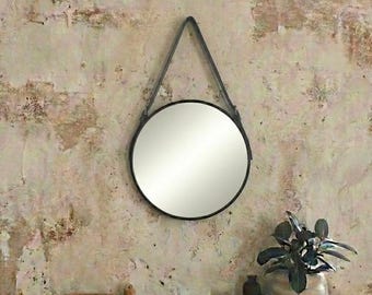 18" Leather Strap Circle Mirror, Black, Brown or Mahogany Leather