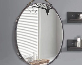 16"x24" (V) Oval Leather Equestrian Mirror Snaffle Bit Horse Decor, Vertical