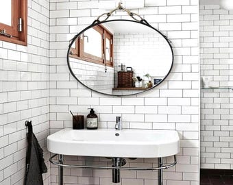 28x22 (H) Oval Leather Horse Mirror with Snaffle Bit Horizontal