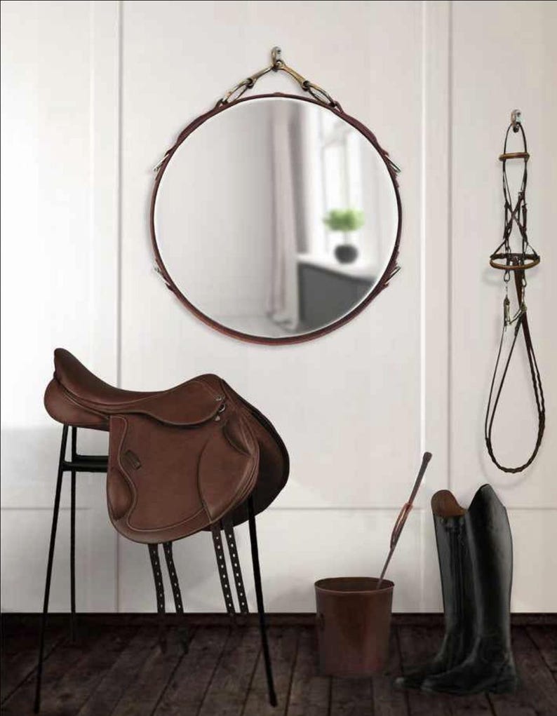 24" Equestrian Leather Mirror with Snaffle Bit - Horse Decor immagine 1