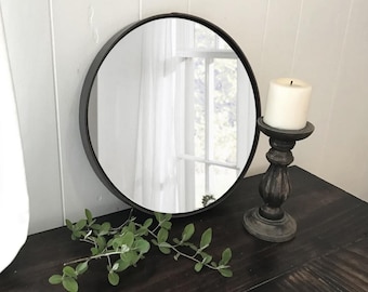 16" Leather Circle Mirror, Black Brown Mahogany