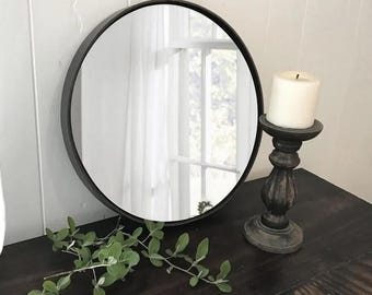 18" Leather Circle Mirror, Black Brown Mahogany