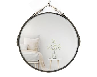 16" Equestrian Leather Mirror with Snaffle Bit, Black, Brown or Mahogany Leather
