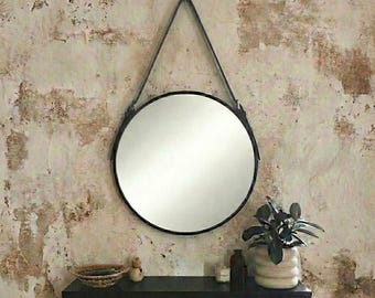 24" Leather Strap Circle Mirror, Black, Brown or Mahogany Leather