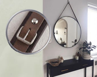 24" Leather Strap Circle Mirror, Black, Brown or Mahogany Leather