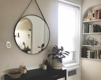 30" Leather Strap Circle Mirror, Black, Brown or Mahogany Leather