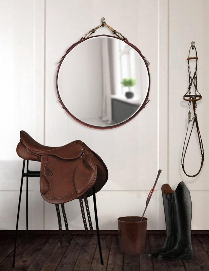 18 Equestrian Leather Mirror with Snaffle Bit, Free Shipping Black, Brown or Mahogany Buffalo Leather Horse Gift horse decor Décor image 1