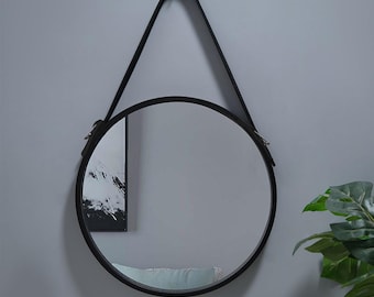 16" Leather Strap Circle Mirror