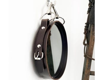 12" Petite Equestrian Leather Mirror with Snaffle Bit, Black, Brown or Mahogany Leather