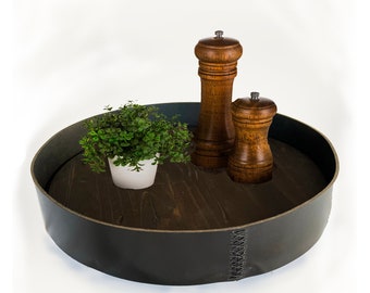 Deep Leather Rustic Serving Tray with Lazy Susan Base, 18" Gift  Home