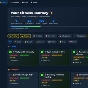 May include: A screenshot of the FitLife Pro app, displaying a fitness journey dashboard. The dark blue interface shows habit tracking, including adopted habits, points earned, and daily streaks. Cardio and strength exercise sections are visible.