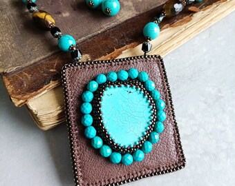 Turquoise necklace Bead embroidery pendant necklace Turquoise brown jewelry Ethnic necklace Gift idea for her