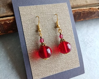 Red Beaded Earrings Red Dangle Earrings Glass Earrings Red Gold Jewelry Gift idea for her