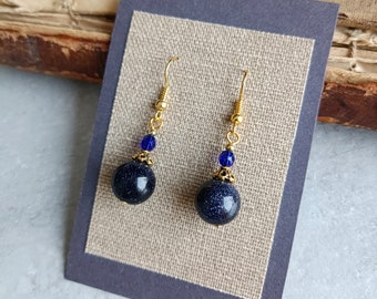 Blue Beaded Earrings Blue Dangle Earrings Blue Gold Earrings Glass Beads Earrings Dark Blue Earrings Blue Gold Jewelry Gift idea for her