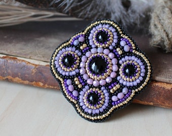 40% off Black Purple Beads Brooch Beadwork Brooch Bead embroidered Brooch Cabochon Brooch Bead embroidery jewelry Boho Ethnic Jewelry