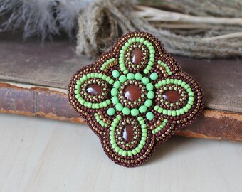 40% off Beadwork Brooch Green Copper Brown Brooch Bead embroidered Brooch Agate Cabochon Brooch Bead embroidery jewelry Boho Ethnic Brooch