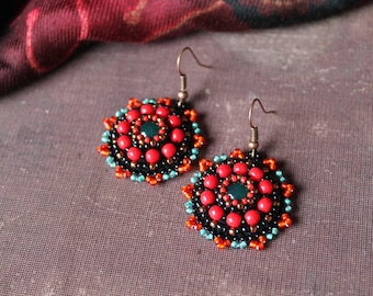 Red Dangle Earrings Beadwork Earrings Agate Cabochons Earrings Bead embroidery Earrings Dangle Earrings Boho Ethnic Jewelry MADE TO ORDER