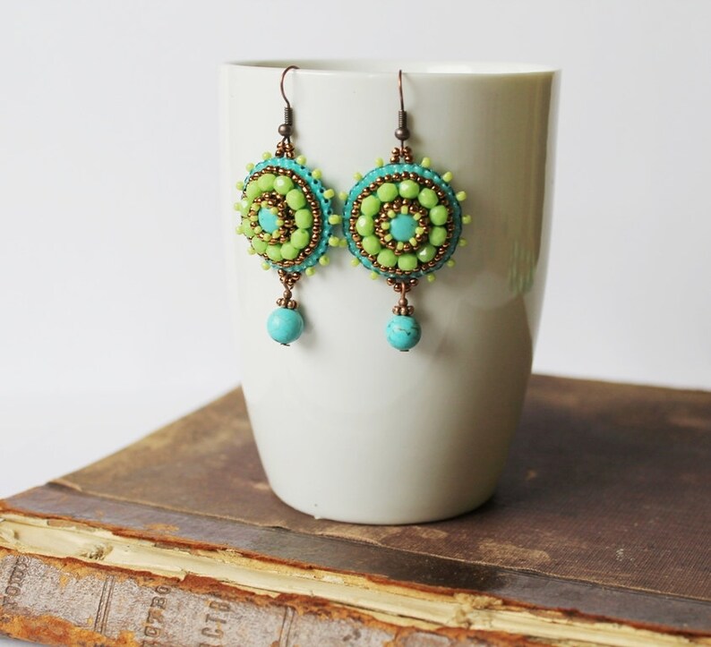 Green Turquoise Earrings Bead Embroidery Earrings Green Dangle Etsy