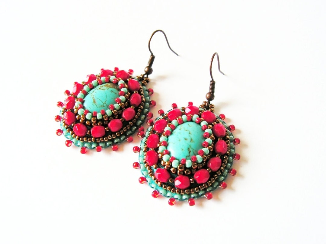 Bead Embroidery Earrings Turquoise Red Earrings Beadwork Earrings Red