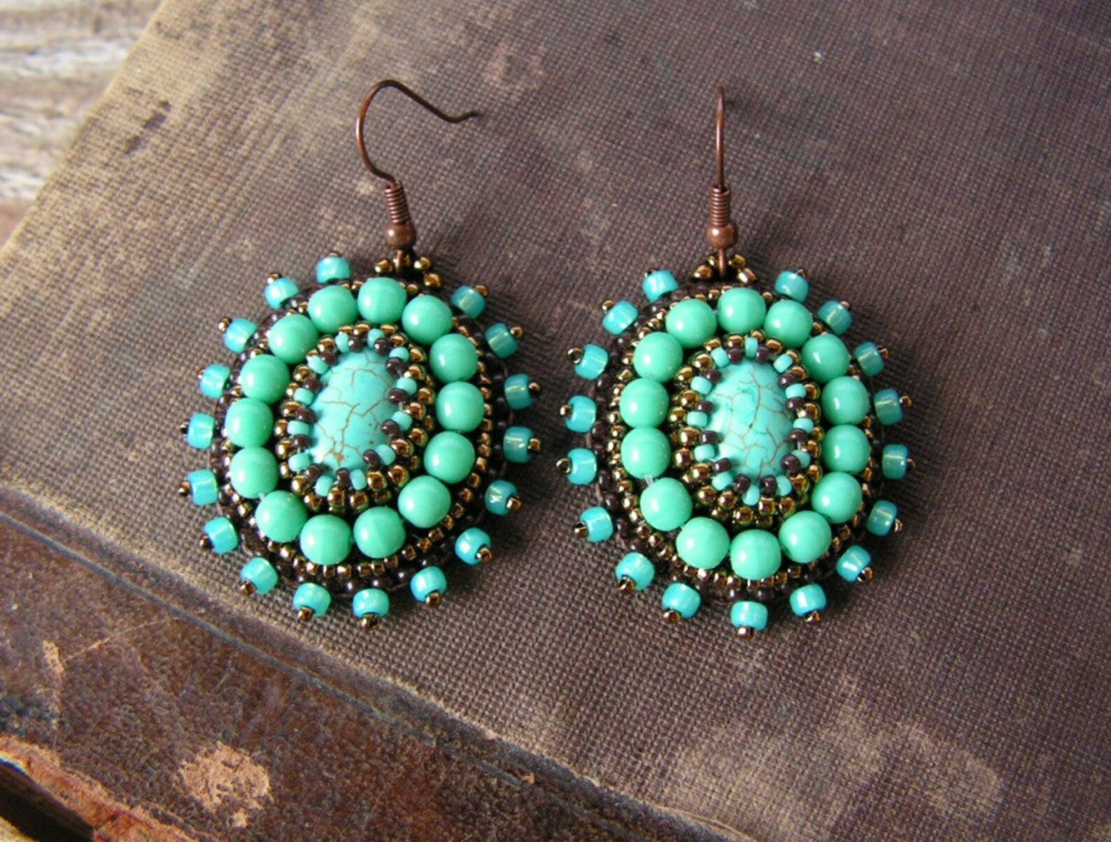 Turquoise Earrings Beadwork Earrings Bead Embroidery Earrings Etsy