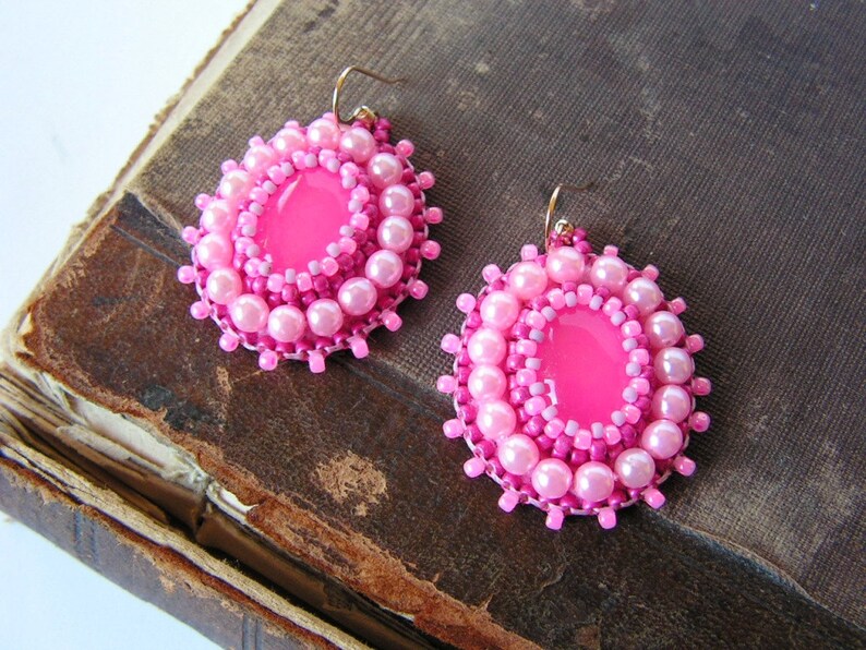 Pink Earrings Bead Embroidery Earrings Beadwork Earrings Pink Etsy