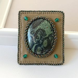 Green Beaded Brooch Artisan Brooch Cabochon Brooch Beadwork Brooch Woodland Jewelry Spring Jewelry Gift idea for her