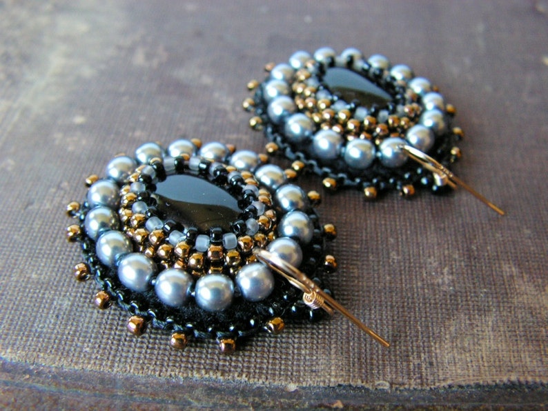 Black grey earrings bead embroidery earrings black grey dangle  etsy