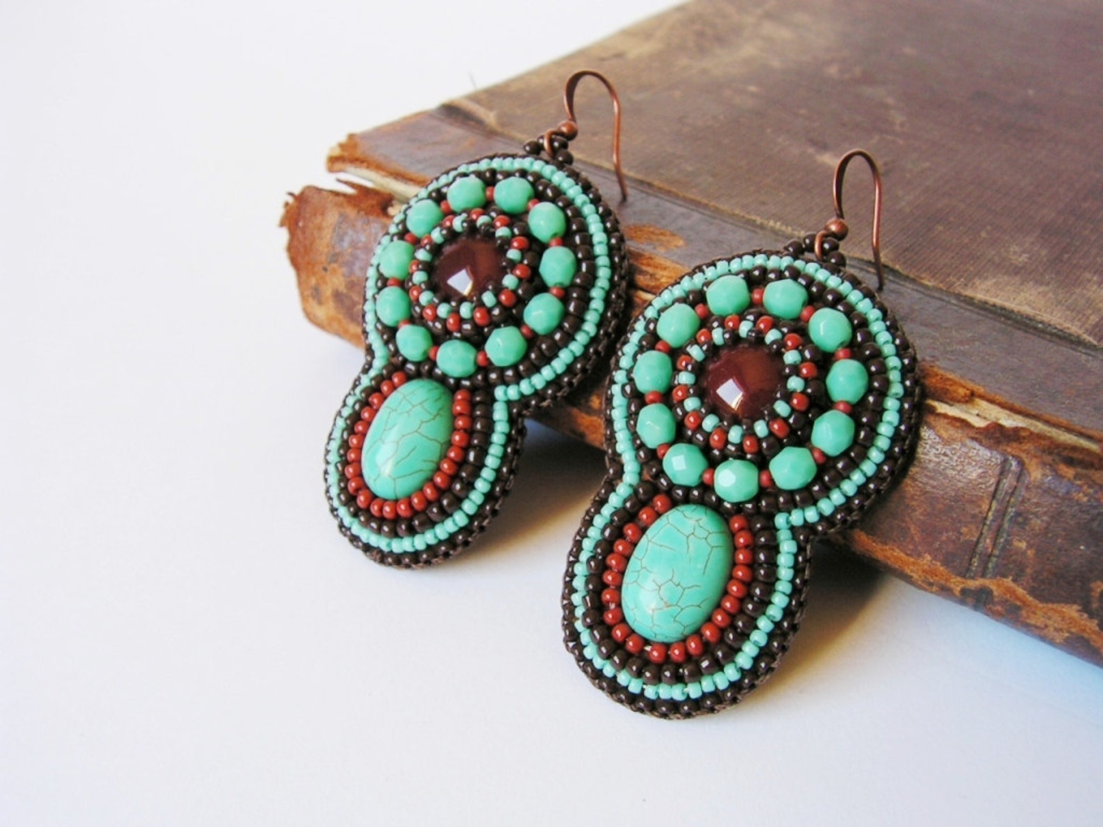 Bead Embroidery Earrings Beadwork Turquoise Earrings Turquoise Etsy